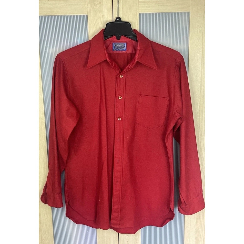 Vtg Pendleton MADE IN USA 100% Virgin Wool Button Front Shirt Red Sz L Men